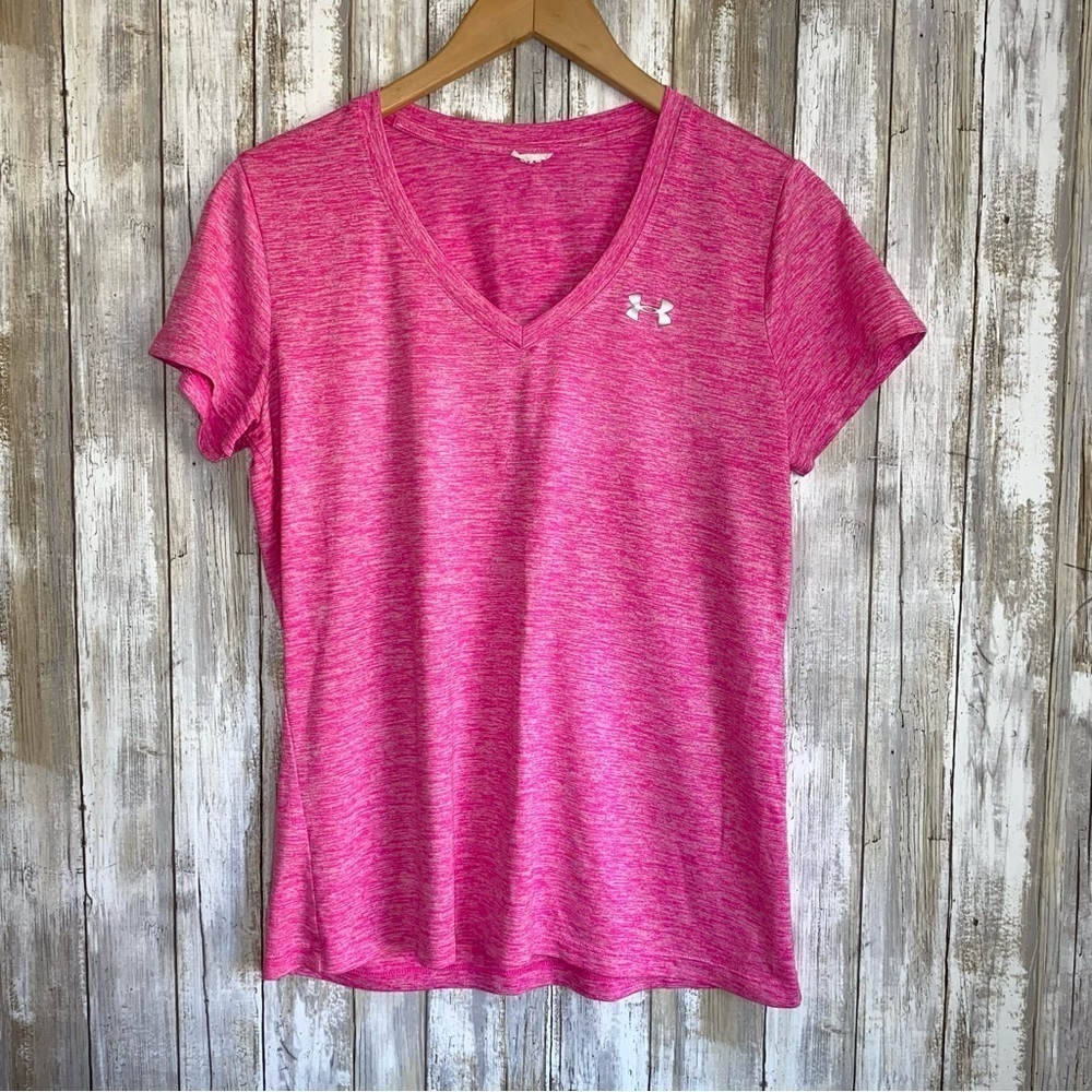 Under Armor Twist Tech V Neck Pink Heathered Tee - Picture 5 of 5